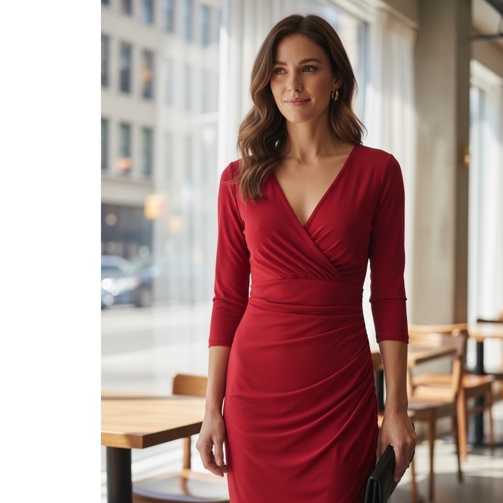 Lauren Ralph Lauren Red Ruched Surplice V-Neck Sheath Dress 3/4 Sleeve 6P
